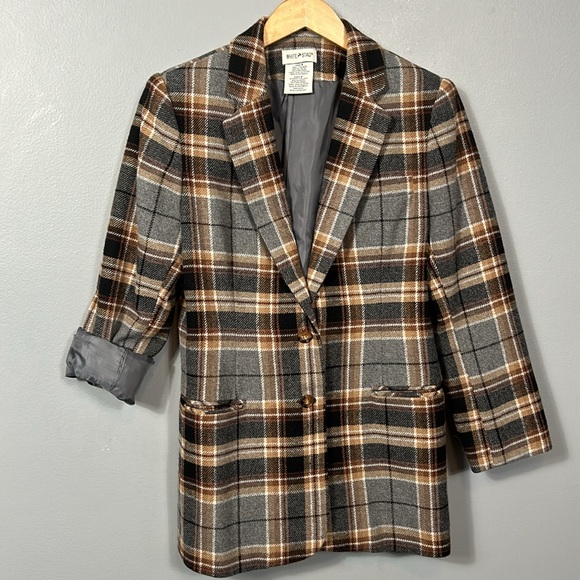 White Stag Brown Gray Plaid Double Button Wool Blazer  size vintage 8 - Picture 11 of 17